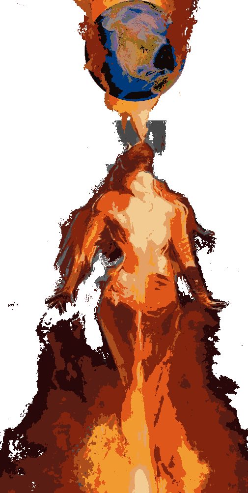 A rendered figure of a woman with a burning globe above her, dissolving into orange flame.