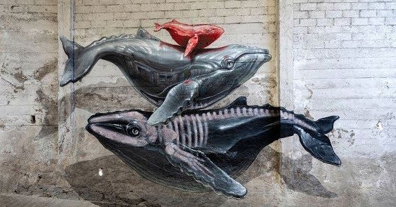 Thermochromic whale mural by NEVERCREW showing hidden skeletal imagery.