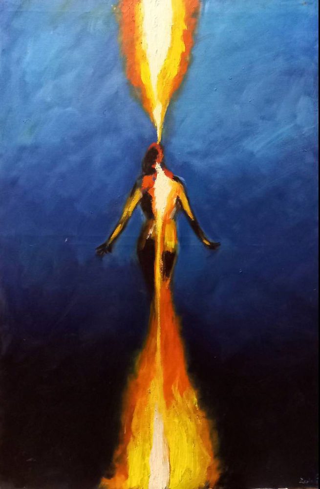 Painting of a luminous figure between blue and fire, by Zohaib Ahmed.