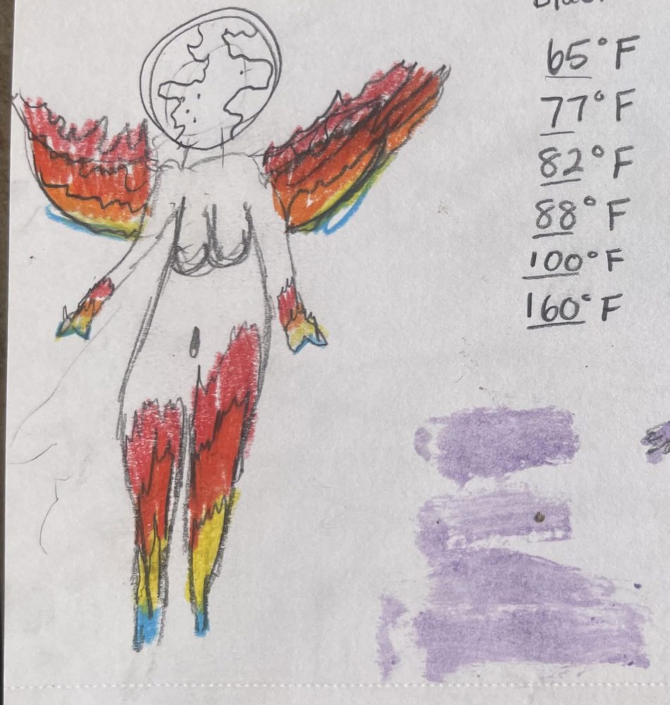 First sketch: winged figure annotated with a column of temperatures.