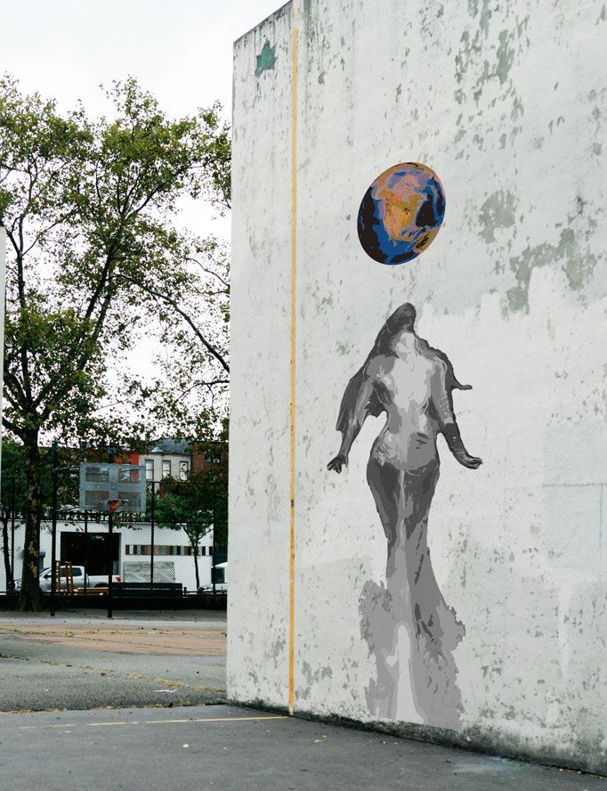 Wall render 1: mural mostly colorless.