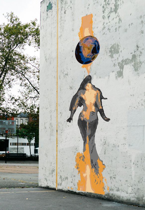 Wall render 2: globe and figure beginning to show colour.