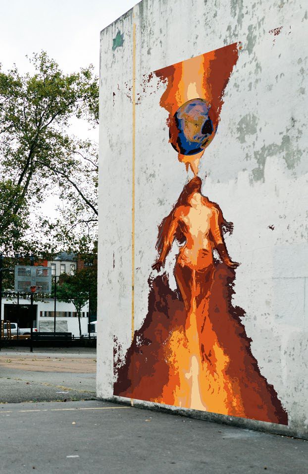 Wall render 4: mural fully activated in fire tones.
